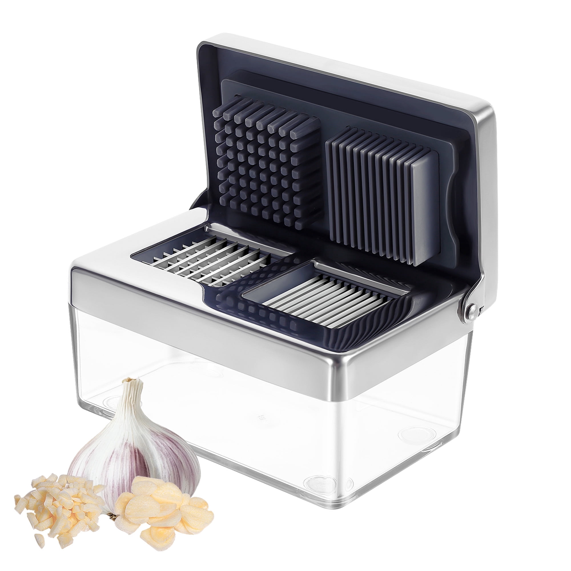 Gourmet Easy -Garlic Press Stainless Steel, Garlic Chopper Mini & Slicer Super Thin 2 in 1, Odor Free Ginger Dicer With Storage Container, Dishwasher Safe Mini Chopper, Premium Mincer with 5 year war