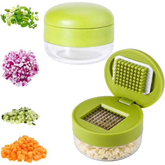 Garlic Press Stainless Steel, Mess-Free Garlic Chopper Dicer with Integrated Container, Stainless Steel Garlic Chopper Mincer Tool, Versatile Mini Food Chopper, Dishwasher Safe (2Pcs)
