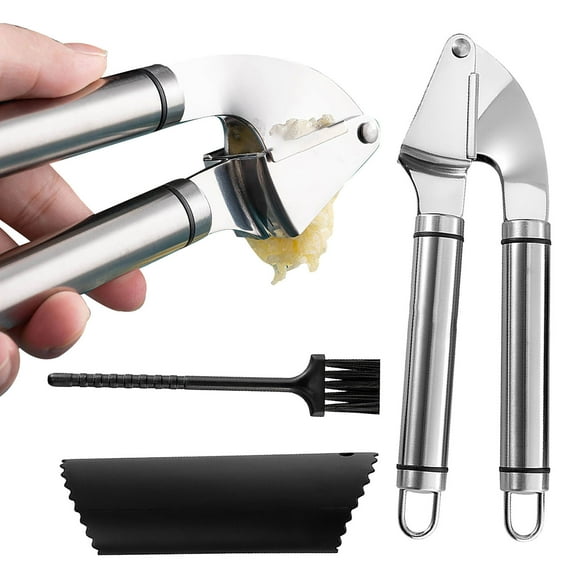 Garlic Press Stainless Steel Mincer Crusher | 304 Steel | Removable Base | Peeler Roller & Brush Set | Easy Clean | Multi-Function for Garlic Ginger | 7.7x2.6x1.4 in | 3 Pc Pack