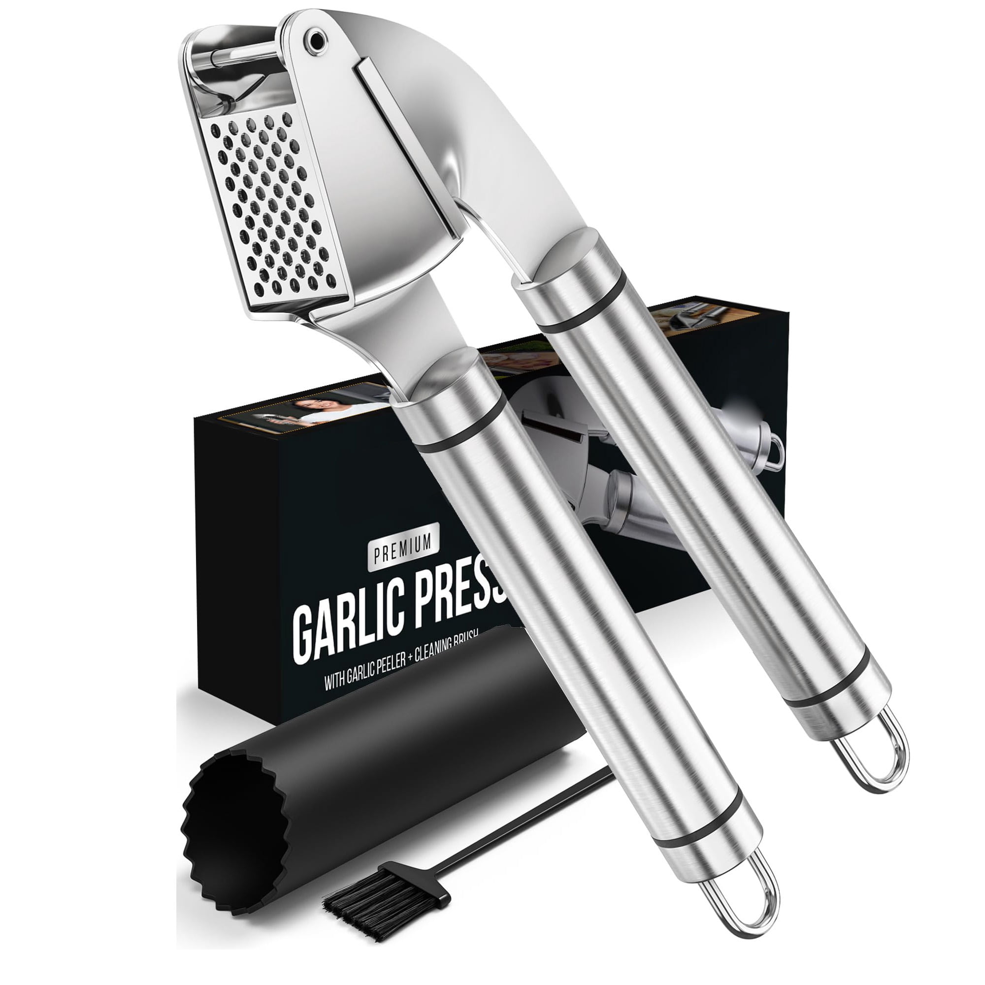 Garlic Press Stainless Steel Professional Heavy Duty Minr Crusher, Ergonomic Handle for Unpeeled Garlic Ginger Root, Easy Clean , Silver