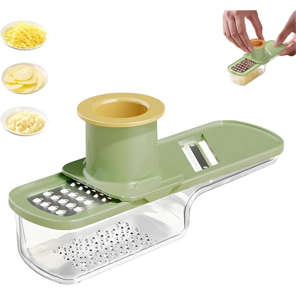 Garlic Slicer Super Thin, 3 in 1 Mini Garlic Slicer  with Hand Guard, Vegetable Garlics Ginger Grind, Slice and Shred Mandoline Cutter with Container for Kitchen Tool