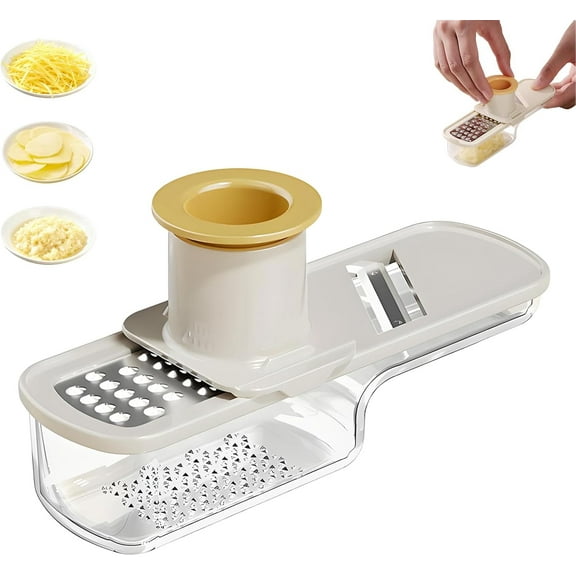 Garlic Slicer Super Thin, 3 in 1 Mini Garlic Slicer with Hand Guard, Vegetable Garlics Ginger Grind, Slice and Shred Mandoline Cutter with Container for Kitchen Tool