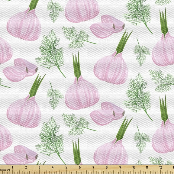 Ambesonne Garlic Fabric by the Yard Upholstery, Continuous Vegetable Art, 2 Yards, Fern Green Pale Mauve