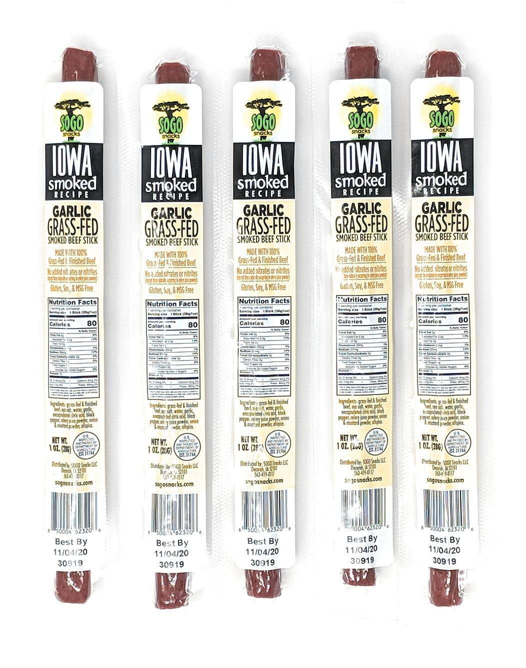 Garlic, Sogo Snacks Iowa Smoked, No Sugar, 100% Grass-fed/finished, Non-GMO Beef Sticks. No Added Nitrates, Gluten, Soy, MSG, Dairy, or Nuts. Keto & Paleo Friendly (Garlic-ISR, 1-oz, 72 Cnt)