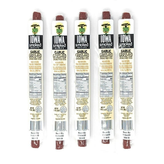 Garlic, Sogo Snacks Iowa Smoked, No Sugar, 100% Grass-fed/finished, Non-GMO Beef Sticks. No Added Nitrates, Gluten, Soy, MSG, Dairy, or Nuts. Keto, Paleo Friendly (Garlic-ISR, 1-oz, 48 Cnt)