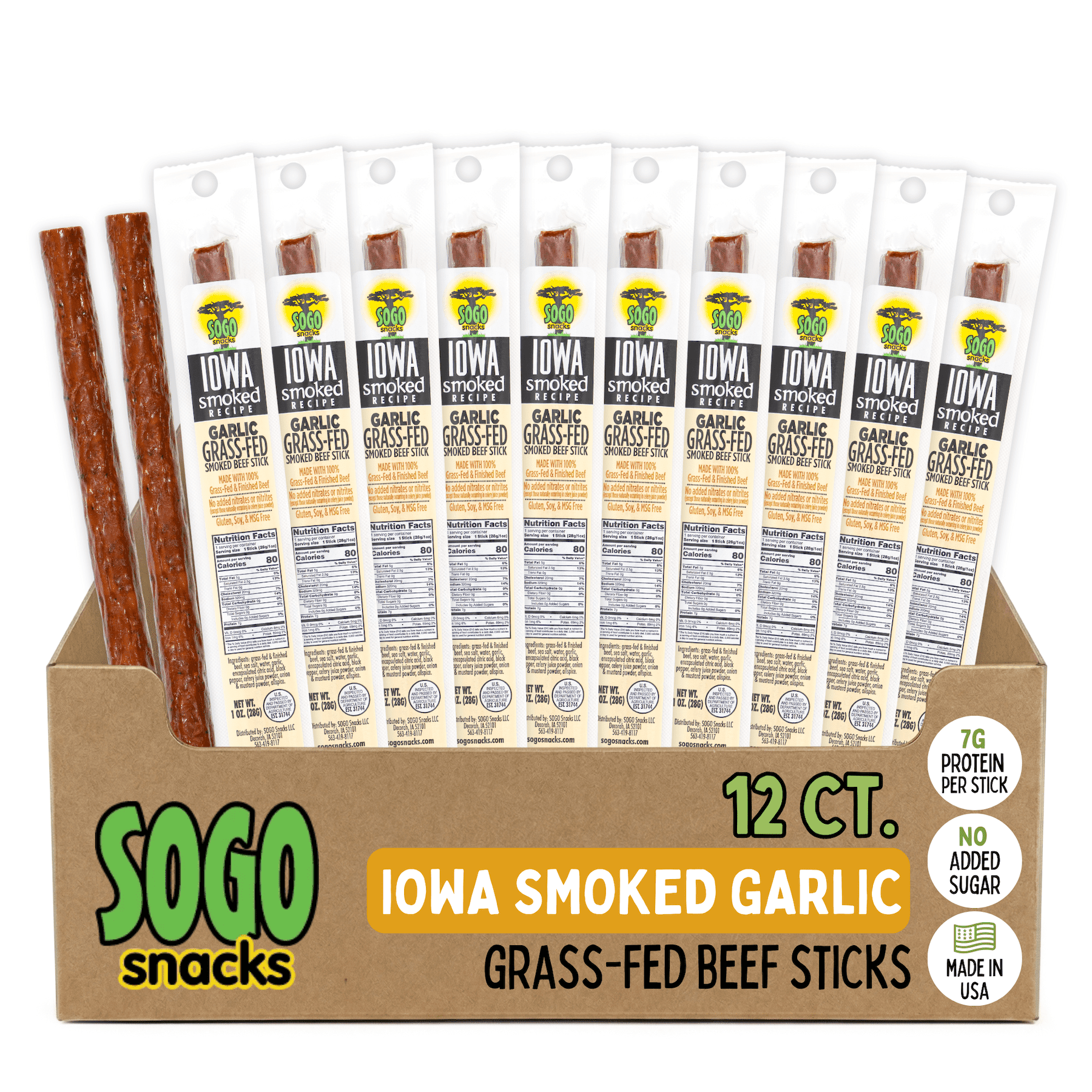 Garlic, Sogo Snacks, Sugar Free Beef Jerky, Non-GMO Grass-fed Beef Sticks. No Nitrates, Gluten, Soy, MSG, Dairy, or Nuts. Low Calorie High Protein Meat Stick. Paleo, Whole30, & Keto Snack (12 Cnt)