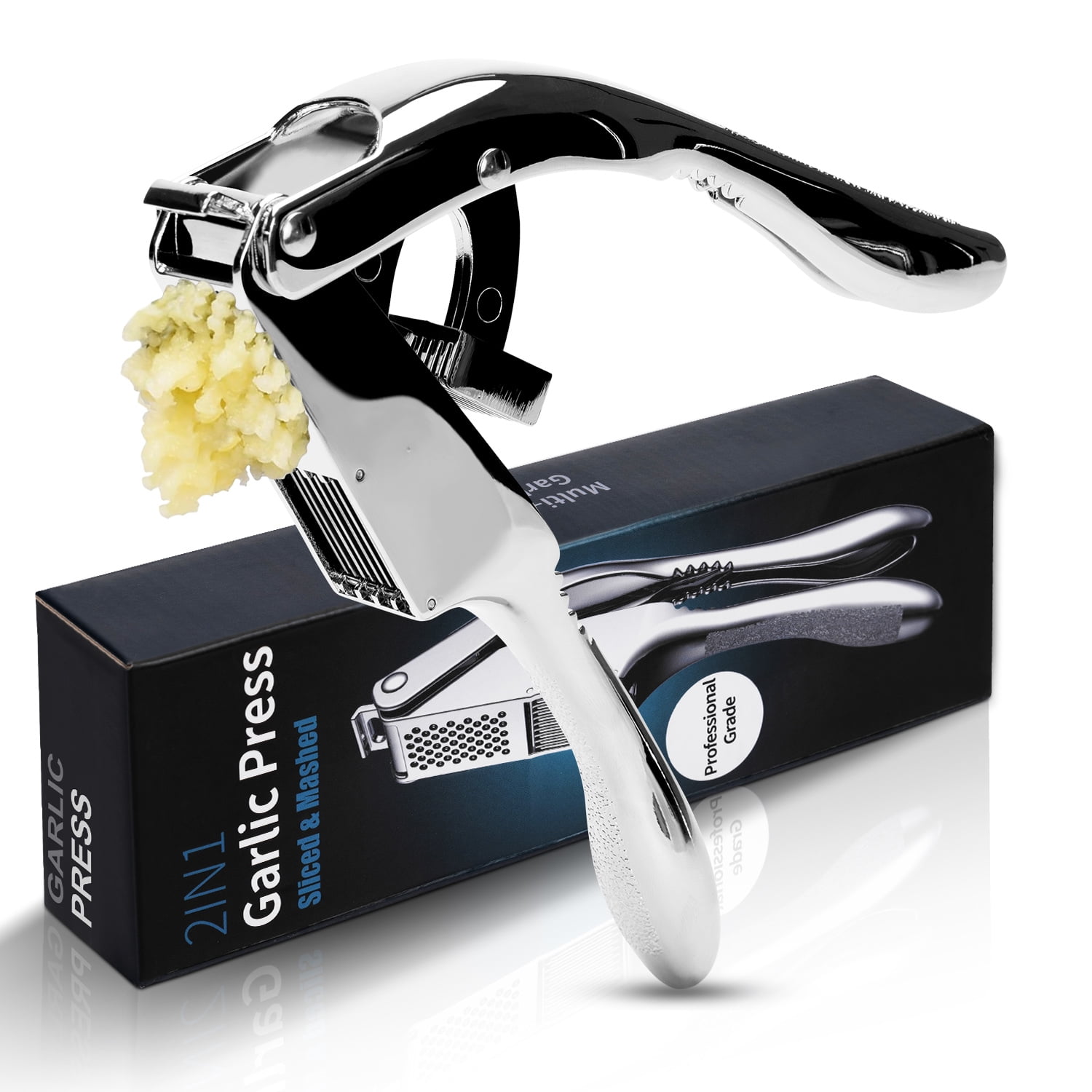 Garlic press, BUSATIA 2 in 1 Garlic Press Stainless Steel, Dual-Function Garlic Mincer Garlic Chopper Easy to Squeeze and Clean, Rust Proof & Dishwasher Safe, Ginger Crusher-Silver