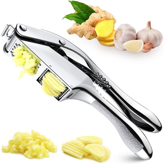 Garlic press and slicer 2 in 1,Effortlessly Crush, Slice, and Mince Garlic,with this Versatile Kitchen Tool - Perfect for Home Cooks and Professional Chefs Alike. (Silvery)