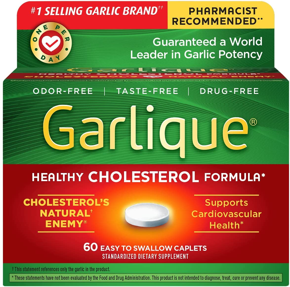 Garlique Garlic Extract Supplement, Healthy Cholesterol Formula, Odorless & Vegan, 60 Caplets