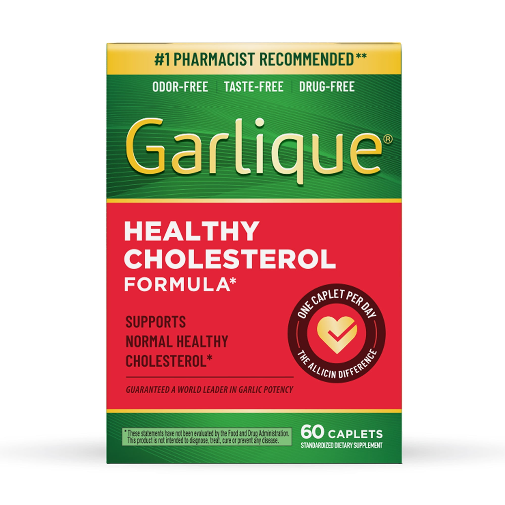 Garlique Healthy Cholesterol Support Supplement, Odor Free Garlic, 5000 mcg Allicin, White Caplets 60 Ct