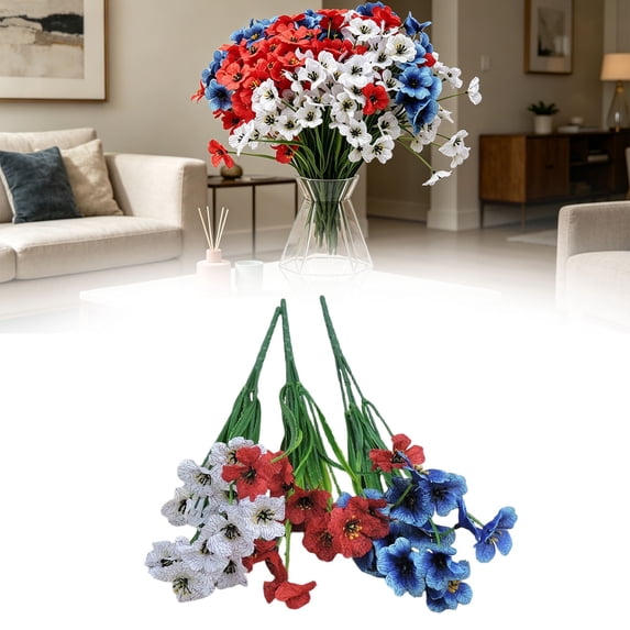 Garloy 3 Pcs 4th of July Artificial Flowers 14 Inch Red Blue White Patriotic Pansy Flowers Picks 250th Anniversary Decoration Independence Day Fake Faux Silk Pansy for Outdoor Memorial Home Decor