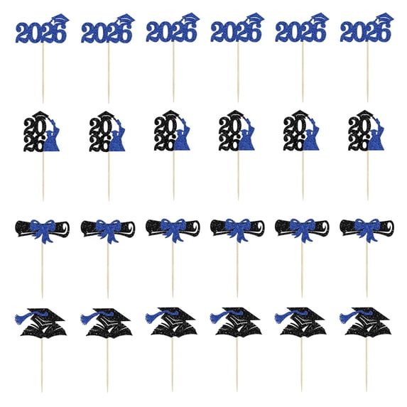 Garloy Cake Picks & Toppers For Congrats Grad,Graduation Cake Picks,Graduation Decorations For 2026,Class Of 2026 Graduation Cupcake Toppers,Glitter Grad Cap Diploma Cake Decorations,Blue(24PCS)