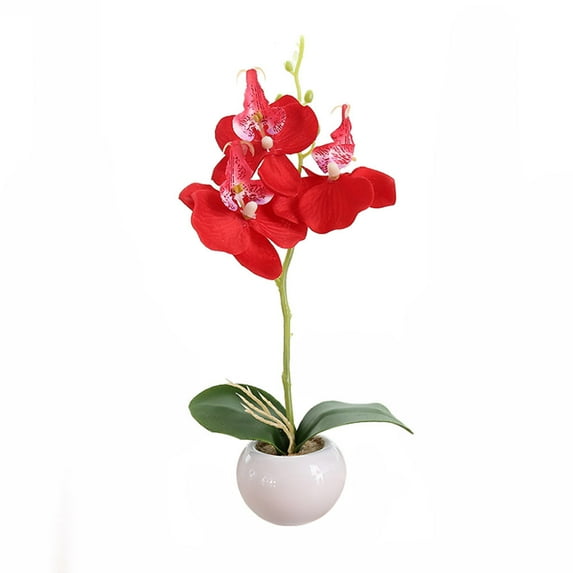 Garloy Red Artificial Orchid Faux Flowers in vase Fake Plant Floral Arrangements Table Centerpieces for Dining Room Home Office Decorations Indoor Wedding Decor Plastic Phalaenopsis Orchid 1 Pack