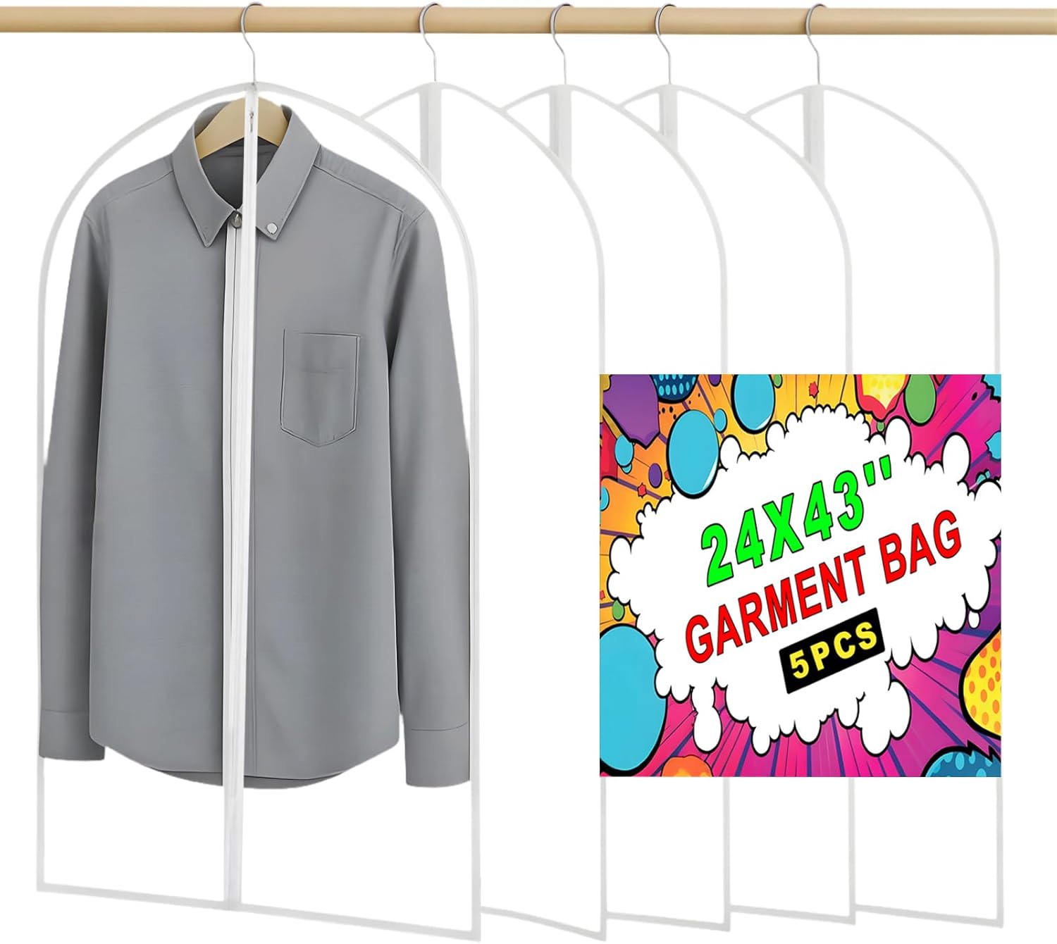 Garment Bag, Translucent 24'' x 43'' Suit Bag, 5 Packs, Dress Bags for Gowns, Garment Bags for Travel, Travel Garment Bag, Garment Bags for Hanging Clothes, Washable Suit Cover (24'' x 43'')