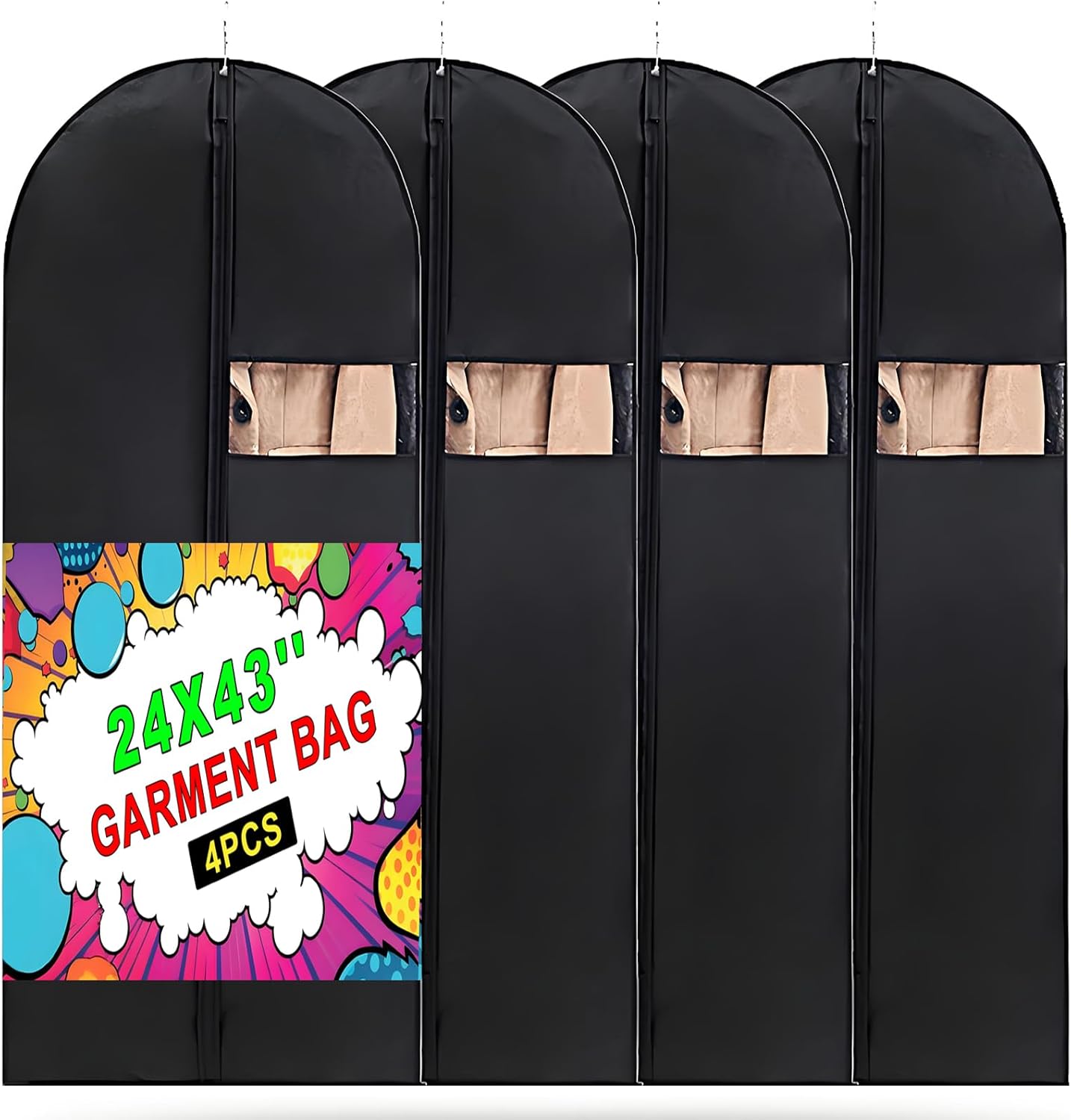 Garment Bags, 24'' x 43'' Suit Bag, 4 Packs, Dress Bags for Gowns, Garment Bags for Travel, Travel Garment Bag, Garment Bags for Hanging Clothes, Washable Suit Cover for Suits, Coats (Black)