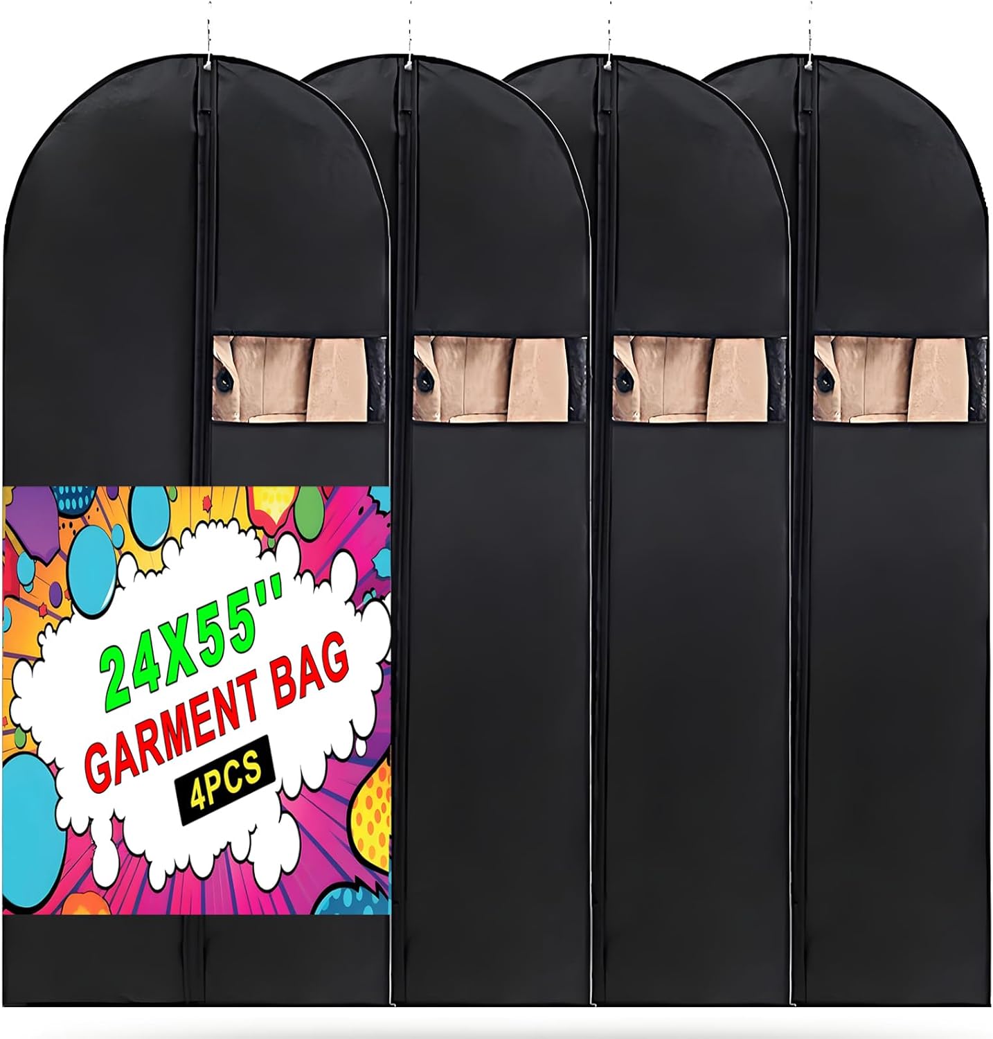 Garment Bags, 24'' x 55'' Suit Bag, 4 Packs, Dress Bags for Gowns, Garment Bags for Travel, Travel Garment Bag, Garment Bags for Hanging Clothes, Washable Suit Cover for Suits, Coats (Black)
