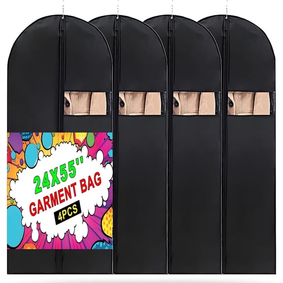 Garment Bags, 24'' x 55'' Suit Bag, 4 Packs, Dress Bags for Gowns, Garment Bags for Travel, Travel Garment Bag, Garment Bags for Hanging Clothes, Washable Suit Cover for Suits, Coats (Black)