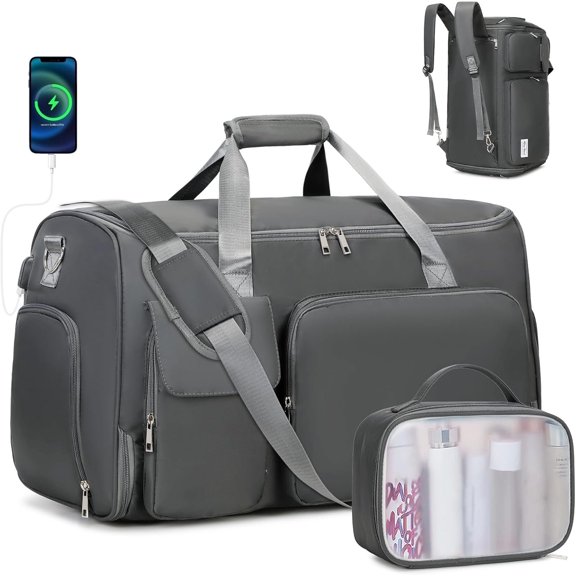 Garment Bags for Travel, 2 in 1 Convertible Carry Duffle Bag Suit Bags Foldable Backpacks with Shoe Compartment & Toiletry Bag, Bags for Clothes Dress Suit for Men Women (Grey)