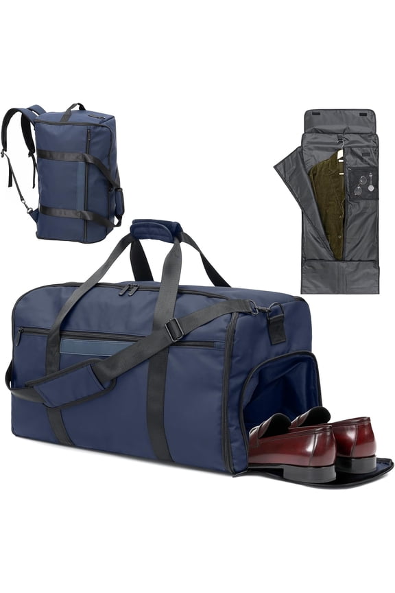Garment Bags for Travel, 4 in 1 Convertible Garment Duffle Bags with Separated Suit Bag Shoe Compartment, Carry Luggage Bag Backpack Weekender Bag for Short Trip, Navy