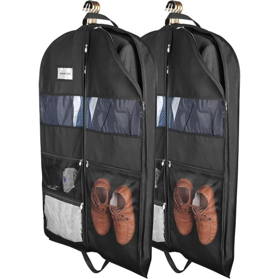 Garment Bags for Travel, Heavy Duty 43" Hanging Suit Bag for Men, Double Sides Zipper & 3 Large Mesh Pockets, Suit Cover for Traveling Monogrammed Closet Clothes Storage