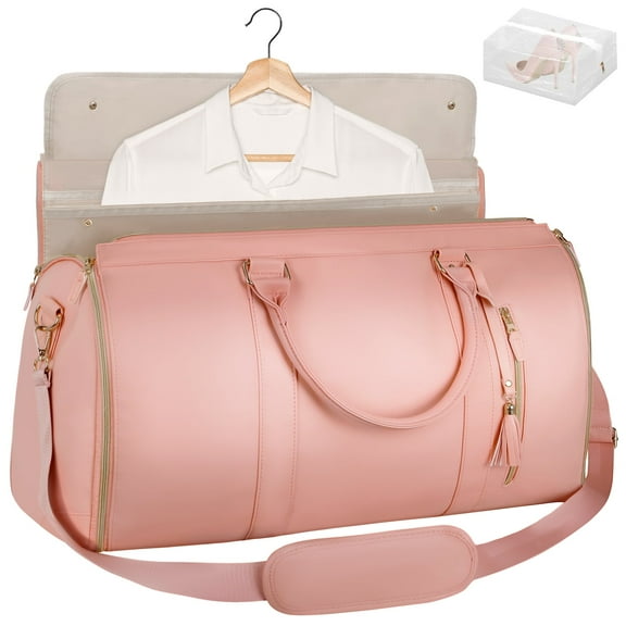 Carry On Garment Bag for Travel, Convertible Garment Duffle Bag for Women Men, 2 in 1 Hanging Dress Suitcase Suit Business Travel Bag Large Weekender Bag with Shoe Pouch, Pink