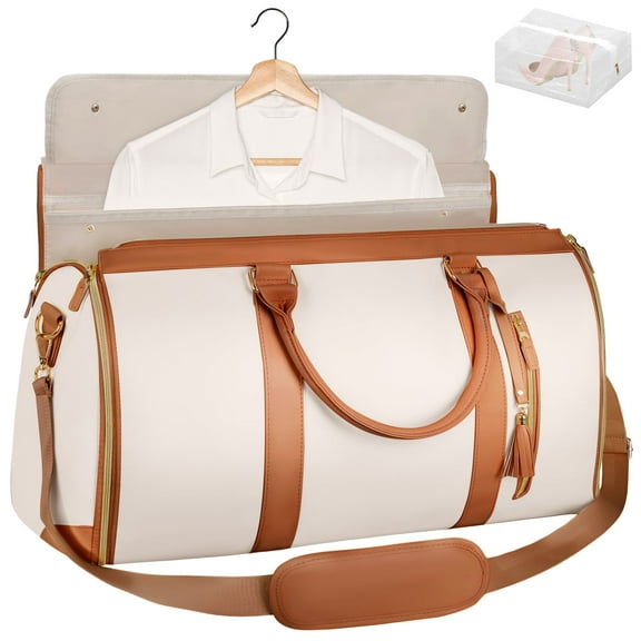 Carry On Garment Bag for Travel, Convertible Garment Duffle Bag for Women Men, 2 in 1 Hanging Dress Suitcase Suit Business Travel Bag Large Weekender Bag with Shoe Pouch, Beige