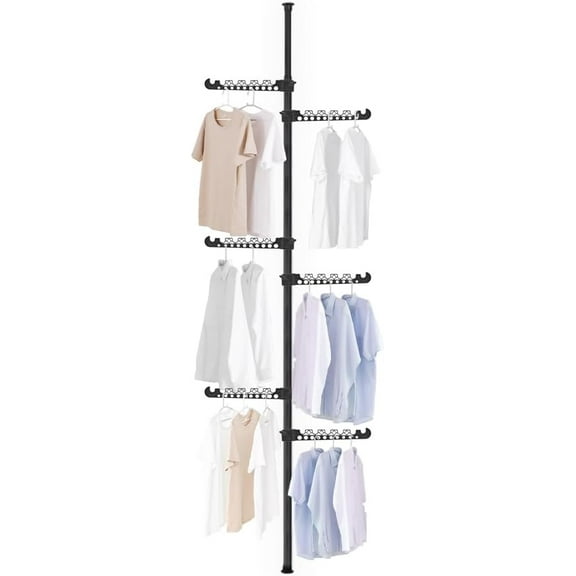 Garment Clothes Rack Coat Tree Clothing Drying Hanging Holder Organizer Standing Adjustable Laundry Pole Tension Rod Floor to Ceiling Indoor Corner Storage Shelf 6 Tiers - Black