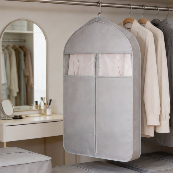 Garment Dust Cover Bag, 35x24x4in Clear Window Clothes Protector, Breathable Hanging Suit Bag, Dustproof Storage Bag for Wardrobe, Travel, Coat, Jacket, Shirt & Hanging Clothing Use, Gray