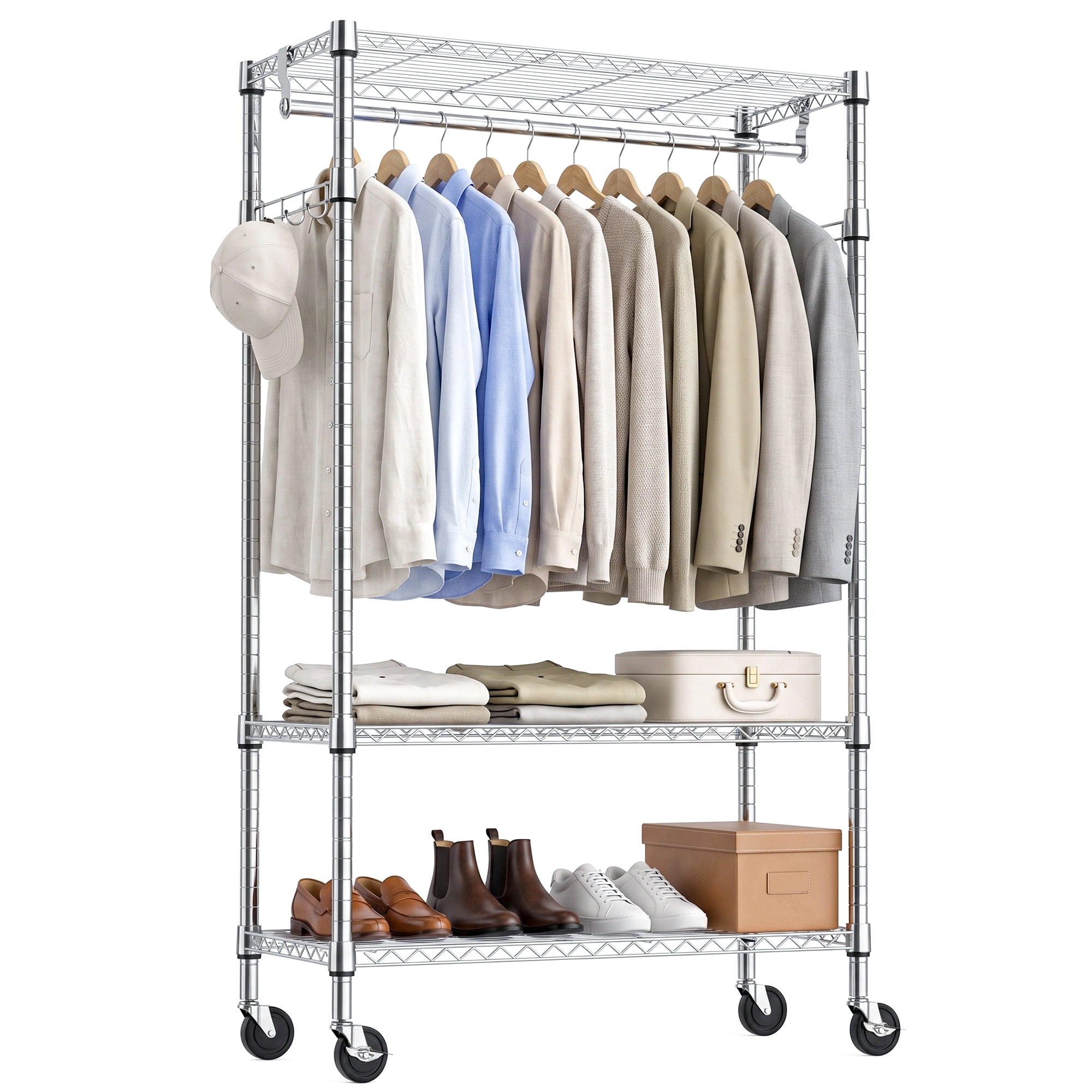 Garment Rack 29.5x15.7x74.5 Inch 3-Tier Carbon Steel 750 lbs Capacity with Lockable Wheels for Bedroom Laundry