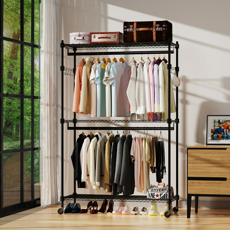 Unbrand Garment Rack 3 Tiers Heavy Duty Clothes Rack Rolling Free-Standing Clothing Closet Rack Organizer Storage Shelves with 2 Rods/Lockable Wheels/
