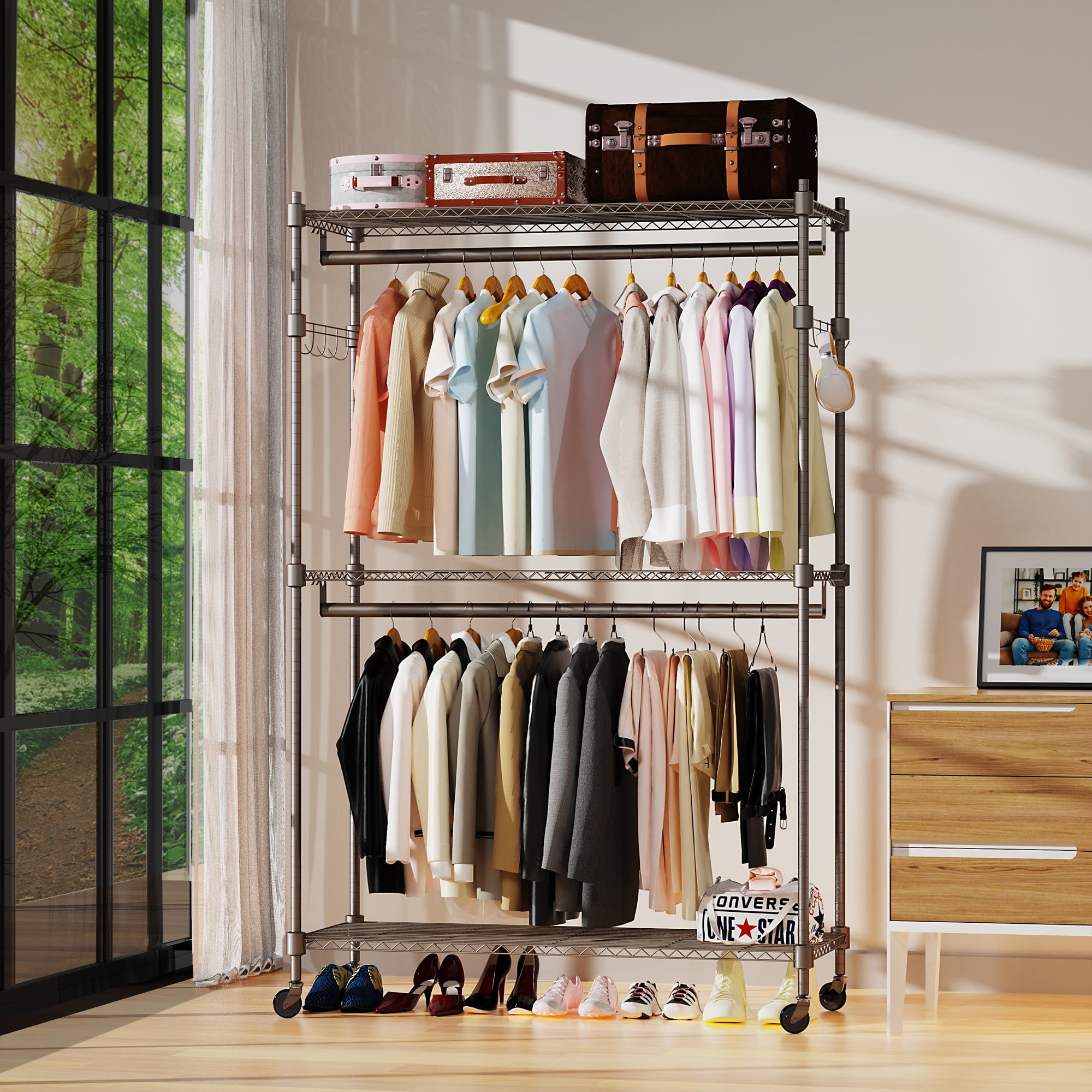 Garment Rack 3 Tiers Heavy Duty Clothes Rack Rolling Free-Standing