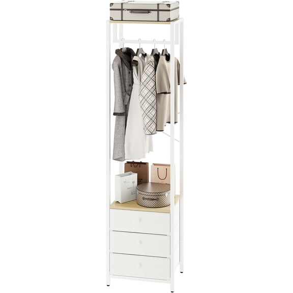 Garment Rack, Clothes Rack with Drawers, Freestanding Tall Closet Organizer with 3 Fabric Drawers, Clothes Stand for Hanging Shirts, Coat,15.35" L×11.41" W×70.47" H Wood Color&White UHGR001R