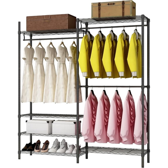 Garment Rack,  Clothing Rack with 3  Rods and 6 Adjustable Shelves, Freestanding Open Wardrobe Organizer for  Clothes,54"L x 16.5"W x 76.7"H  Load 600LBS, Black