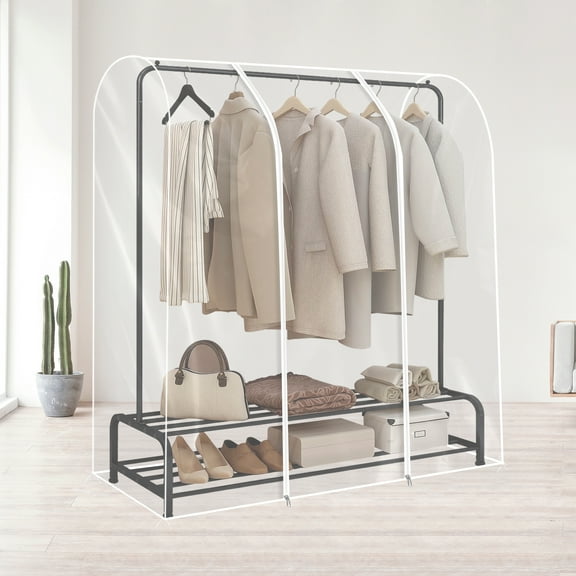 Garment Rack Cover Clear Clothing Rack Cover with Zipper Reusable Clothes Rail Cover Waterproof PEVA Clothes Rack Cover Large Garment Rack Dust Cover Easy to Use for Clothes Garment Haning Rack