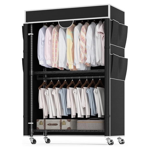 Garment Rack with Cover, Heavy Duty Clothing Rack for Hanging Clothes, Portable Closet Wardrobe, Double Rods Garment Rack with wheels, 35.1" W x 17.4" D x 80.6" H, Black