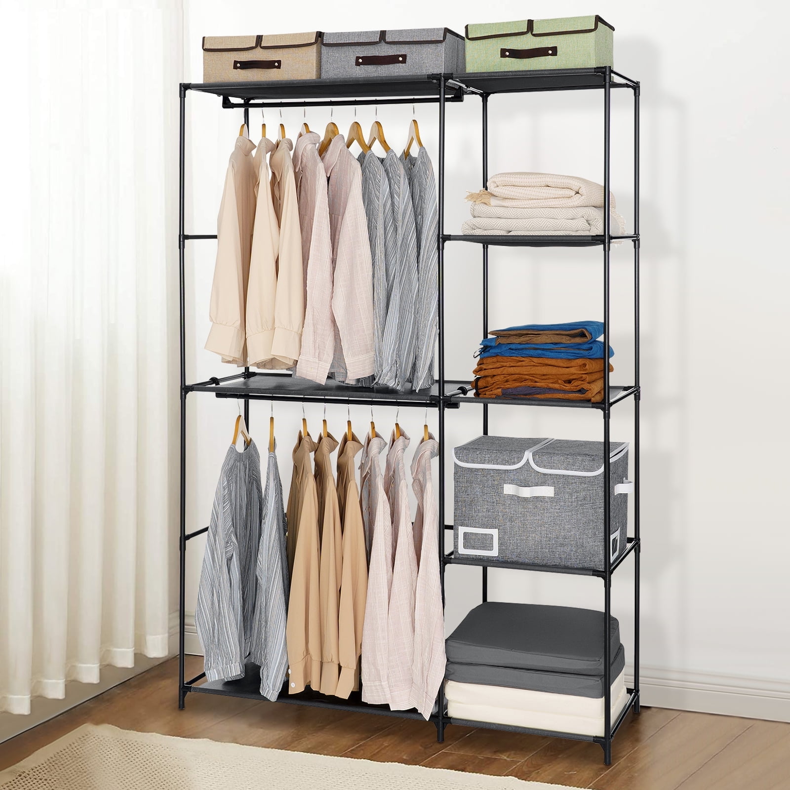 Garment Rack HONEIER Portable Closet Multifunctional Metal Storage Rack with 5 Shelves 2 Hanging Rods Freestanding Wardrobe Clothes Rack Closet