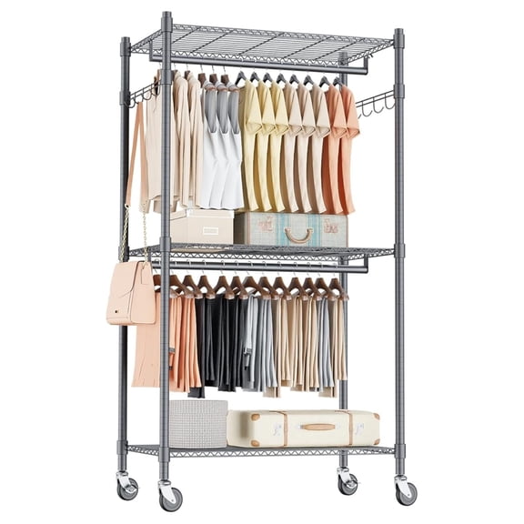 Garment Rack Heavy Duty, 3 Tier Rolling Clothing Racks for Hanging Clothes, Metal Wardrobe Closet, Free-Standing Clothes Organizer Rack with Double Rods & Side , Gray