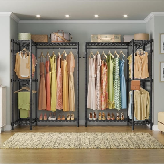 Garment Rack L Shaped Clothes Rack for Corner, Freestanding Portable Wardrobe Closet Heavy Duty Clothing Rack with 3 Hanging Rods & 2 Side Hooks, 43.3"Lx29.1"Wx76.4"H, Max Load 810LBS, Black