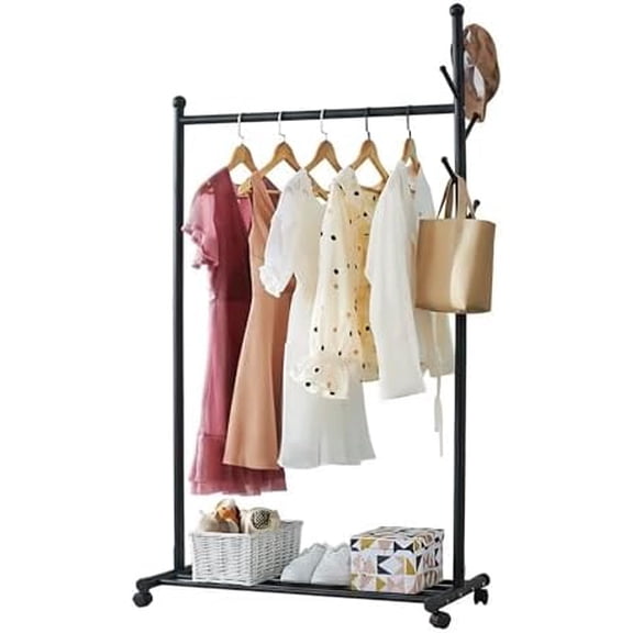 Garment Rack Metal Coat Rack with Wheels, Rolling Closet Rack with Wheels, Metal Coat Rack Freestanding for Small Space Corner Bedroom Hallway Entryway Living Room Black