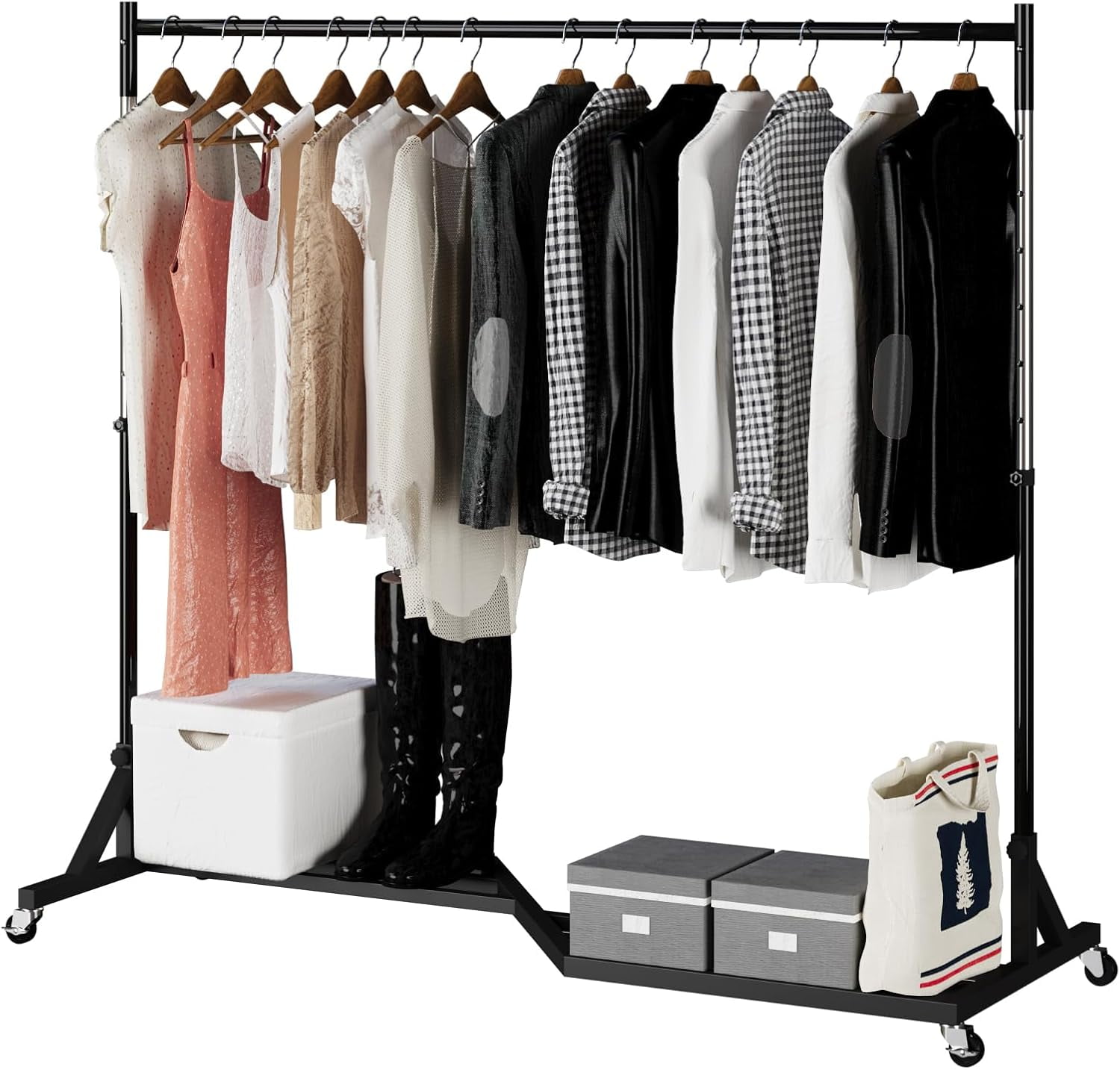 Garment Rack with Wheels, Heavy-Duty Adjustable Coat Rack with Bottom ...