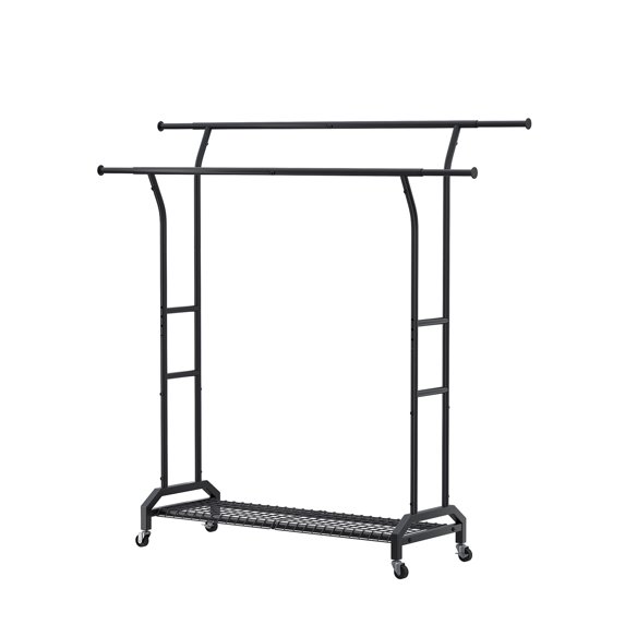 Garment Rack§clothing Rack§double Rods Clothes Rack§heavy Duty Clothes Rack§rolling Garment Rack§garment Rack With Extendable Rods Garment Rack Black Height Adjustable Heavy