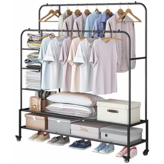 Garment Rack for Hanging Clothes Rack Heavy Duty Portable with Bottom Metal Shelf Drying Coats Shirt,Black (Black+Double Rods+Shelf)