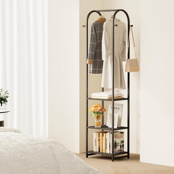 Garment Rack with 3 Shelves and 4 Hooks, 71" H Clothes Stand for Bedroom, Hallway, Office, Black