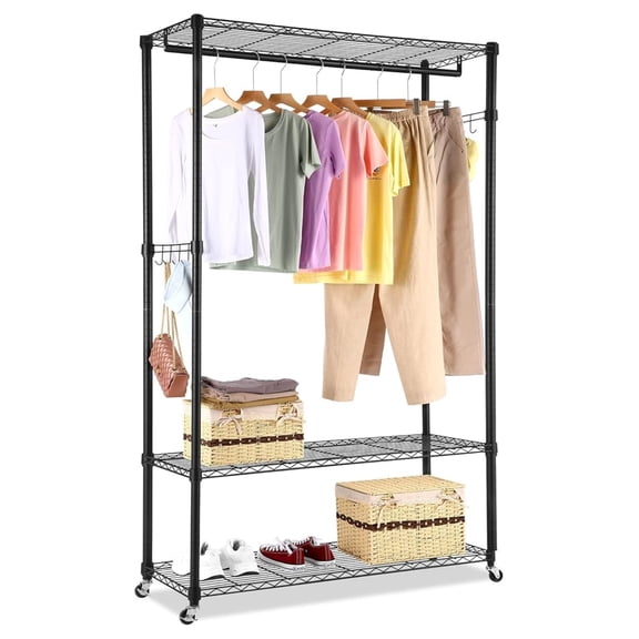 Garment Rack with 3 Tier Wire Adjustable Shelves, Rolling Clothes Rack Heavy Duty, 1 Hanging Rod, 2 Side , Black