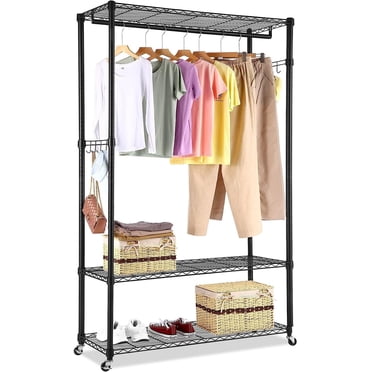 Uimoso Adjustable 3-Tier Rolling Garment Rack - Black - Heavy Duty 450lb Capacity - Hanging Rods & Shelves