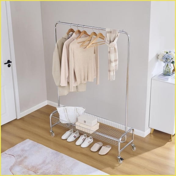 Garment Rack with Rolling Basket, Heavy Duty Easy Assembly | Iron | Coat Racks