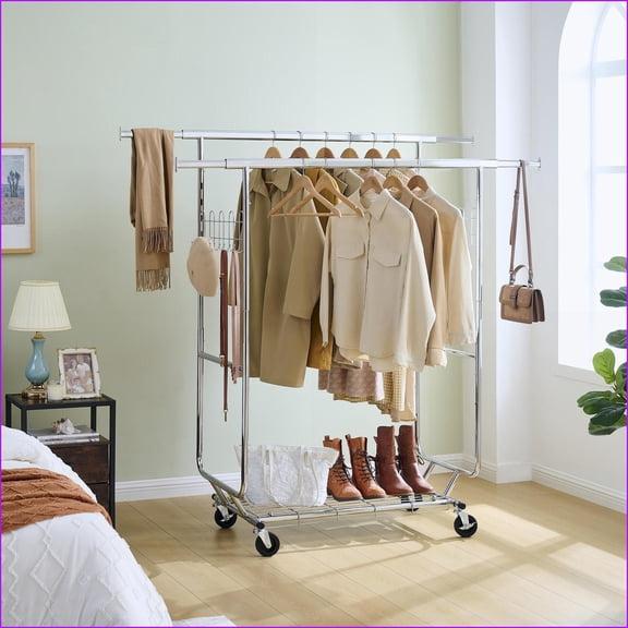 Garment Rack with Shelves, Heavy Duty 800lbs Capacity Rolling Clothes Rack | Adjustable Collapsible | Silver | Iron