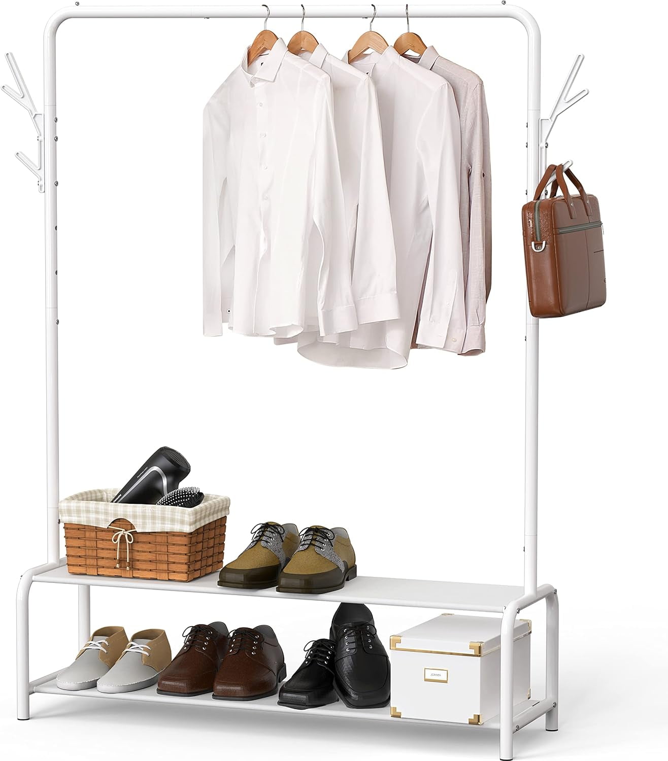 White Metal Garment Rack with Shelves and Hooks