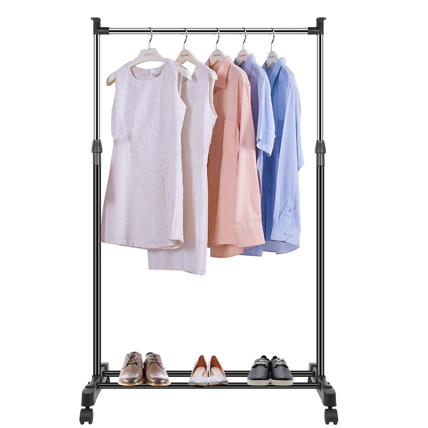 Garment Racks, 3.12ft-4.80ft Height Adjustable Clothes Stand Foldable Clothes Hanger w/ Wheels Storage Shelf For Dormitory Home, 15kg/33lbs