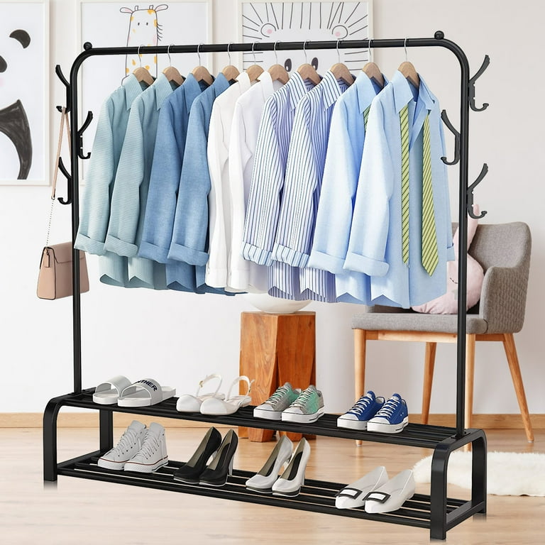 Garment Racks Clothing Rack for Hanging Clothes Garment Rack W 6 Hooks 2 Tier Storage Shelf 43.31 13.78 57.48 Inches Single Rail Clothes Rack